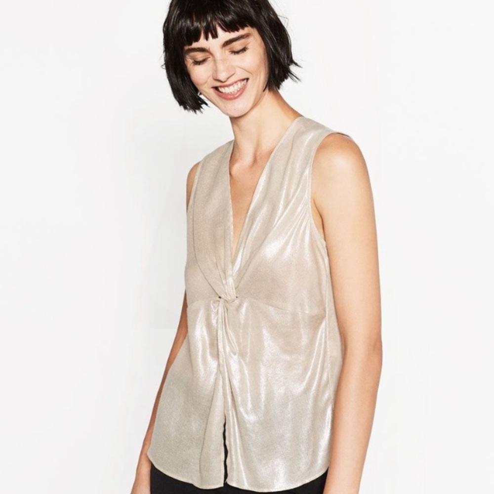 Zara Basic Metallic Front Knot Top